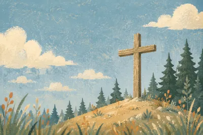 Empty Wooden Cross Beneath Blue Clouded Sky