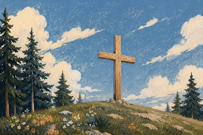 Empty Wooden Cross Under Blue Sky