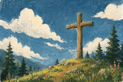 Empty Wooden Cross Under Blue Mountain Sky