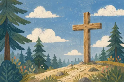 Weathered Cross Beneath Blue Evergreen Sky