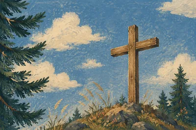 Weathered Empty Cross Beneath Blue Sky