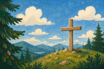Empty Wooden Cross Beneath Blue Sky