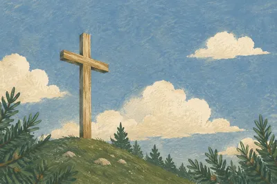 Wooden Cross Beneath Blue Clouded Sky
