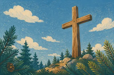 Empty Wooden Cross Beneath Blue Sky