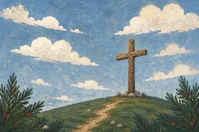 Wooden Cross Beneath Blue Clouded Sky