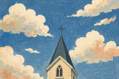 Empty Cross Above Chapel Steeple Sky