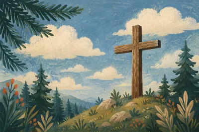Empty Wooden Cross Under Blue Clouded Sky