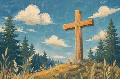 Empty Wooden Cross Beneath Blue Morning Sky