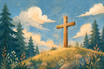 Empty Wooden Cross Beneath Blue Clouded Sky
