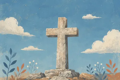 Weathered Stone Cross Under Blue Sky