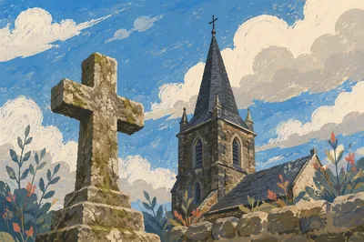Empty Stone Cross Beneath Blue Cloudy Sky