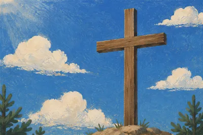 Empty Wooden Cross Under Blue Sky