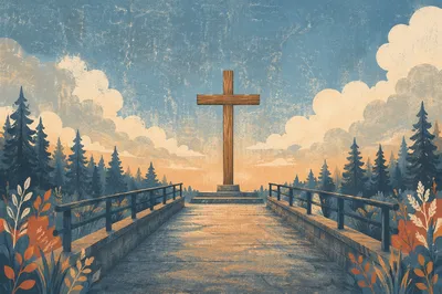 Empty Wooden Cross Under Peaceful Blue Sky