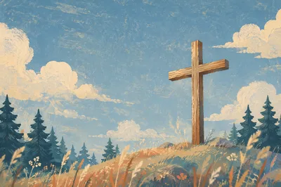 Empty Wooden Cross Beneath Blue Morning Sky