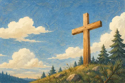 Empty Wooden Cross Beneath Evergreen Sky