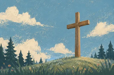 Empty Wooden Cross Under Blue Sky