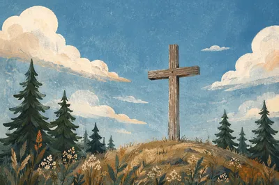 Empty Wooden Cross Under Blue Sky
