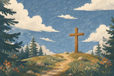 Empty Wooden Cross Under Blue Sky