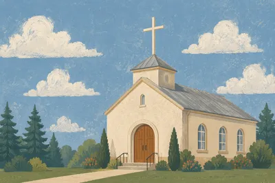 Empty Chapel Cross Beneath Blue Clouds