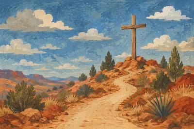Empty Wooden Cross Under Blue Desert Sky