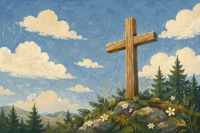 Empty Wooden Cross Under Blue Sky