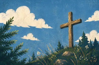 Empty Wooden Cross Under Blue Sky