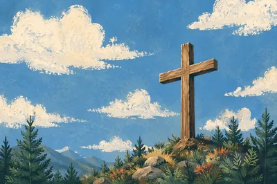 Empty Wooden Cross Beneath Cloudy Blue Sky