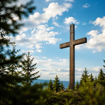 Empty Wooden Cross Under Blue Sky