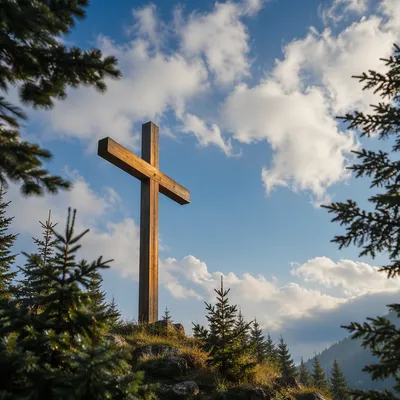 Empty Wooden Cross Under Blue Cloudy Sky