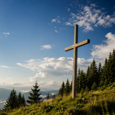 Empty Wooden Cross Under Blue Sky