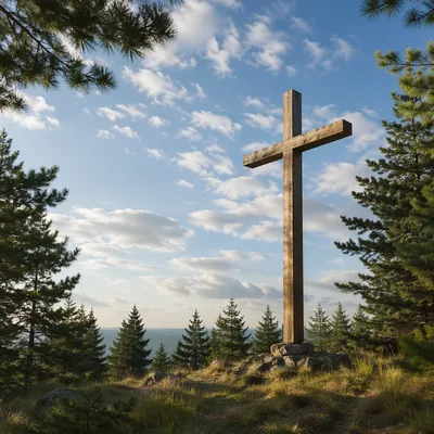 Weathered Cross Beneath Blue Sky Clouds