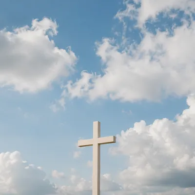 Minimal Wooden Cross Under Blue Sky