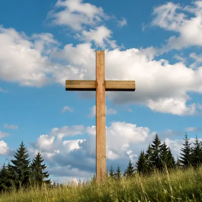 Empty Wooden Cross Under Blue Sky