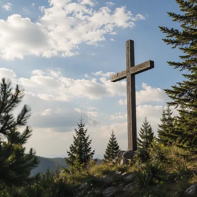 Empty Wooden Cross Beneath Blue Clouded Sky