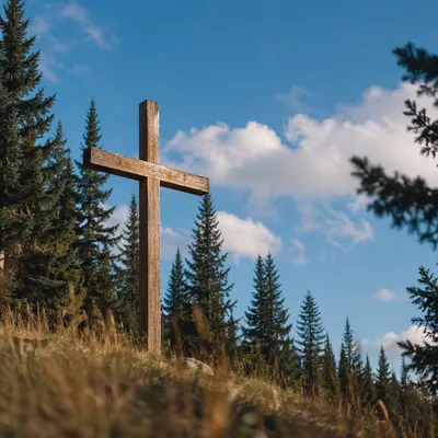 Empty Wooden Cross Under Blue Morning Sky
