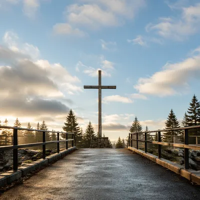 Empty Wooden Cross Under Blue Morning Sky