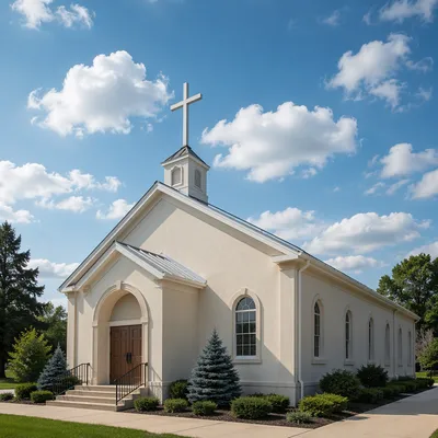Empty Cross Above Chapel and Blue Sky