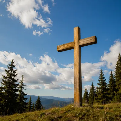 Empty Wooden Cross Under Blue Sky