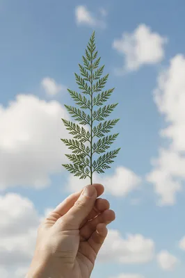 Evergreen Sprig Held Beneath Cloudy Blue Sky