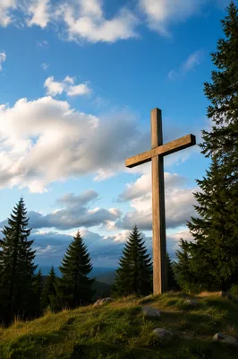 Empty Wooden Cross Under Blue Sky