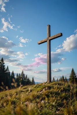 Empty Wooden Cross Beneath Hopeful Blue Sky