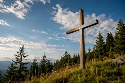 Empty Wooden Cross Under Blue Sky