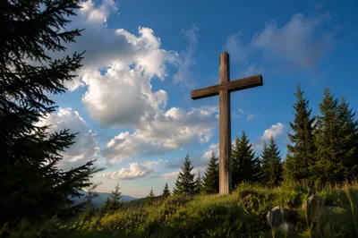 Empty Wooden Cross Under Blue Clouded Sky