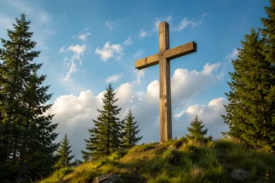 Empty Wooden Cross Under Blue Sky