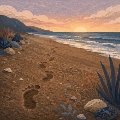 Footprints in Sand at Peaceful Sunrise