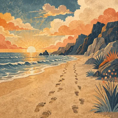 Sunrise Footprints Along Peaceful Sandy Shore