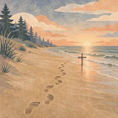 Footprints Toward Driftwood Cross at Sunrise