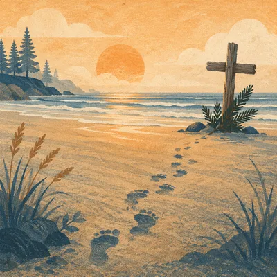 Footprints Leading to Driftwood Cross at Sunrise