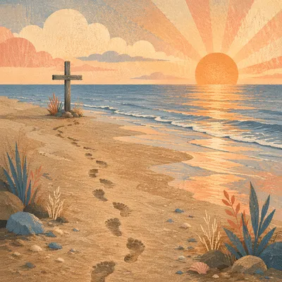 Footprints Leading to Cross at Sunrise