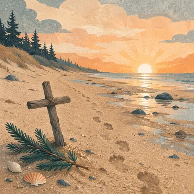 Footprints to Sunrise with Evergreen Cross